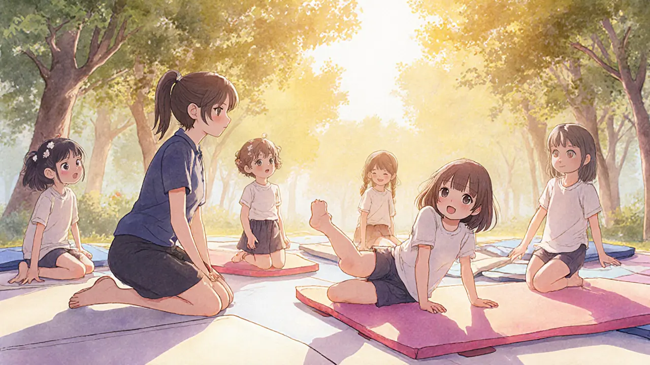 A coach teaches young children safe falling techniques on padded mats under golden afternoon light.