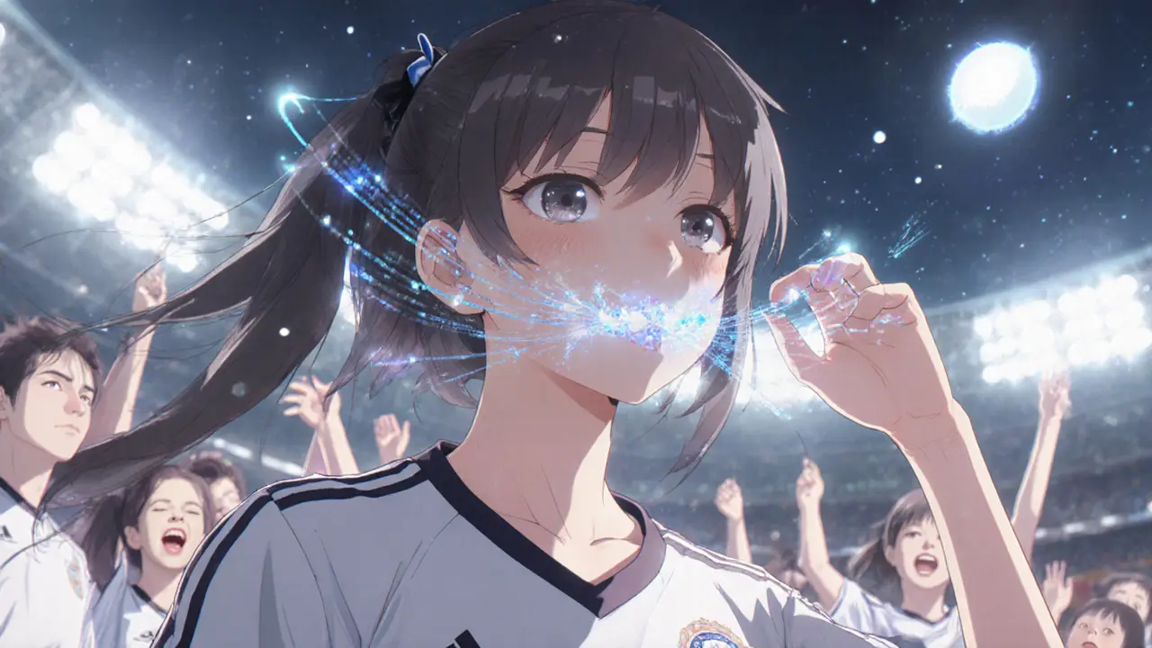 A teen athlete with glowing data streams from her smart mouthguard after a header, surrounded by soft stadium lights.