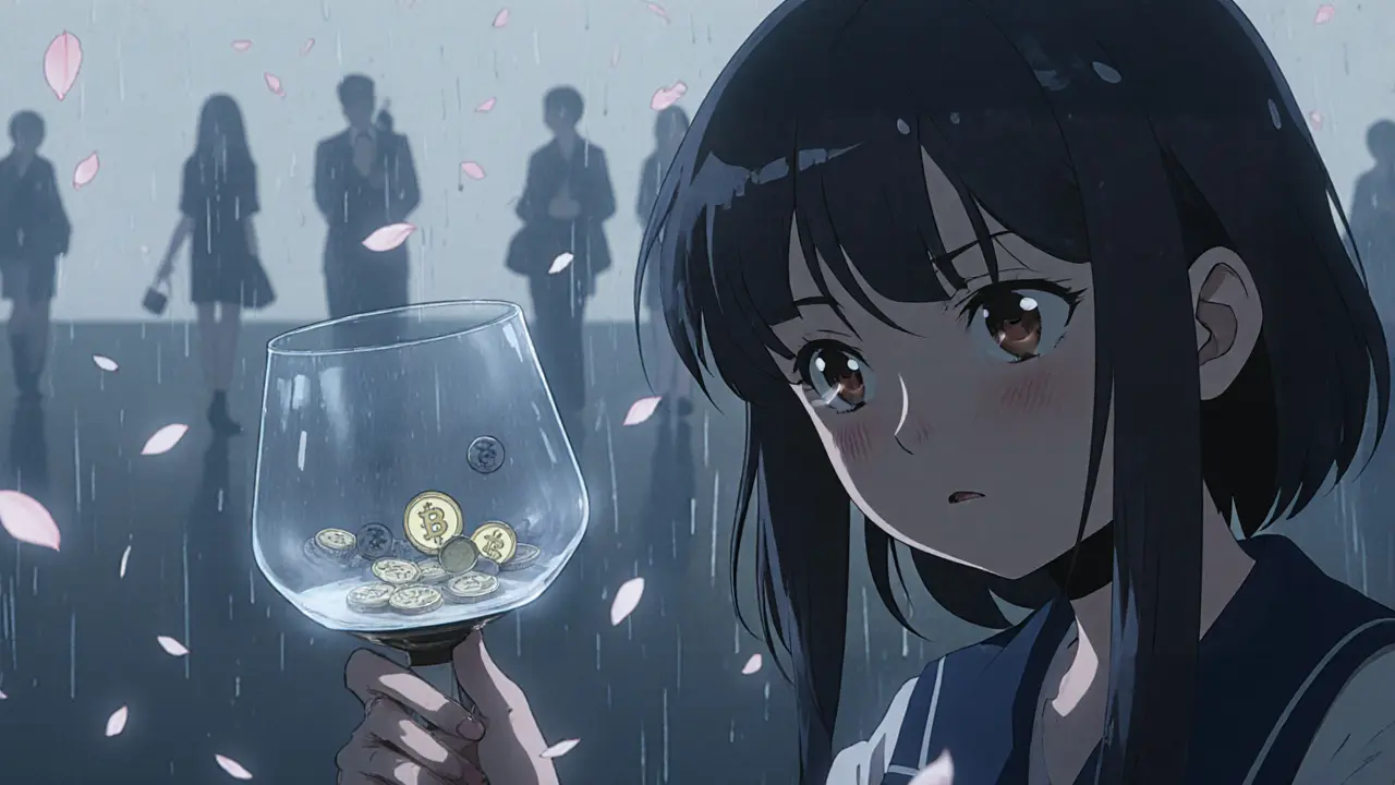 Fragile glass scale with slipping coins shows ZedDex&#039;s thin liquidity; girl appears worried.