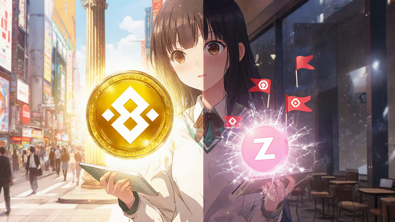 Girl at a split path holding Binance and ZedDex tablets, indicating a choice between safety and risk.