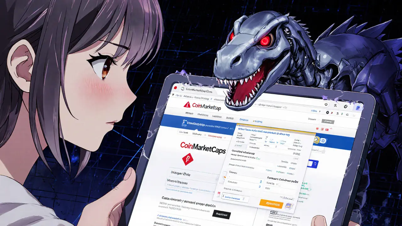 Girl confronts a fake CoinMarketCap page with a sinister Web3 widget.