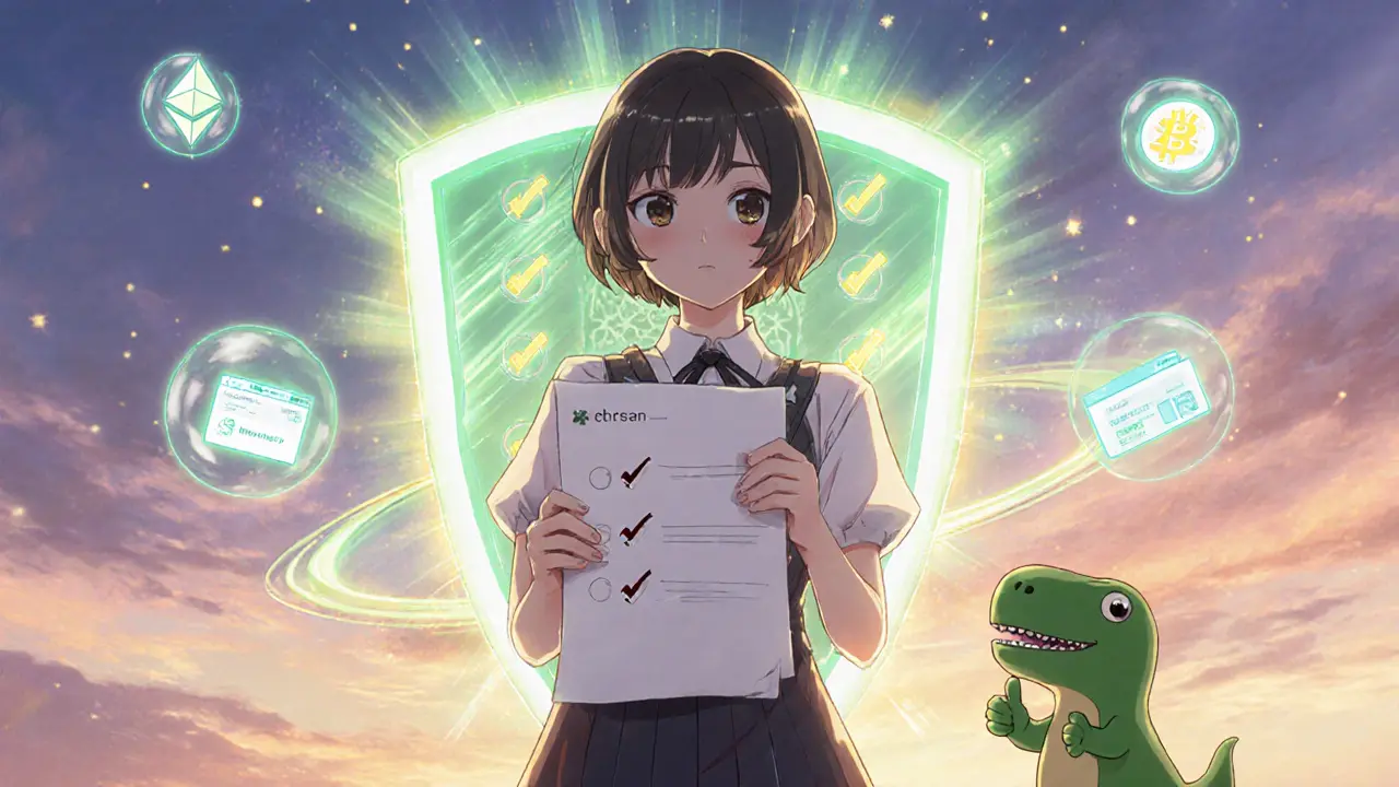 Girl reviews a checklist beside a protective blockchain shield.