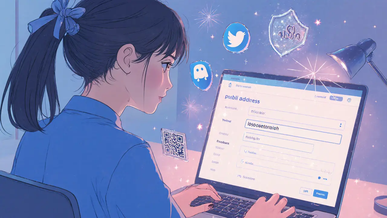 Young woman entering wallet address on laptop with crypto icons around.