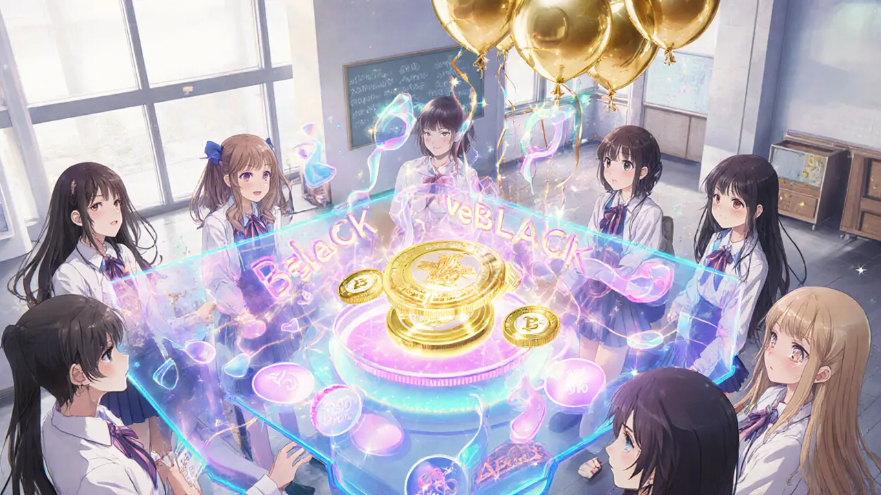 Characters stake Black tokens, earn veBLACK, and vote with floating bribe tokens amid APY icons in pastel manga.
