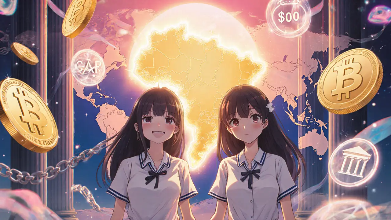 Future scene with protagonists beside a glowing Brazil on a world map, sunrise, and crypto symbols.