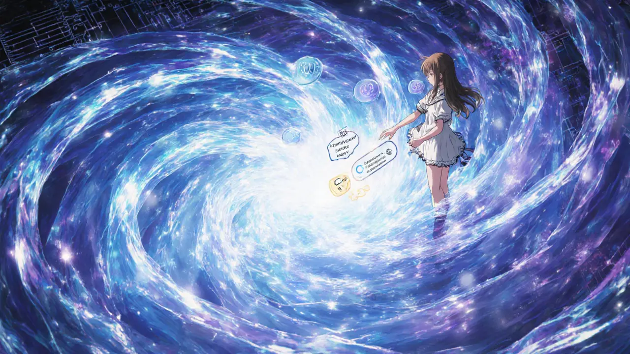Girl adjusting a slippage toggle as glowing liquid streams merge into a central liquidity pool.