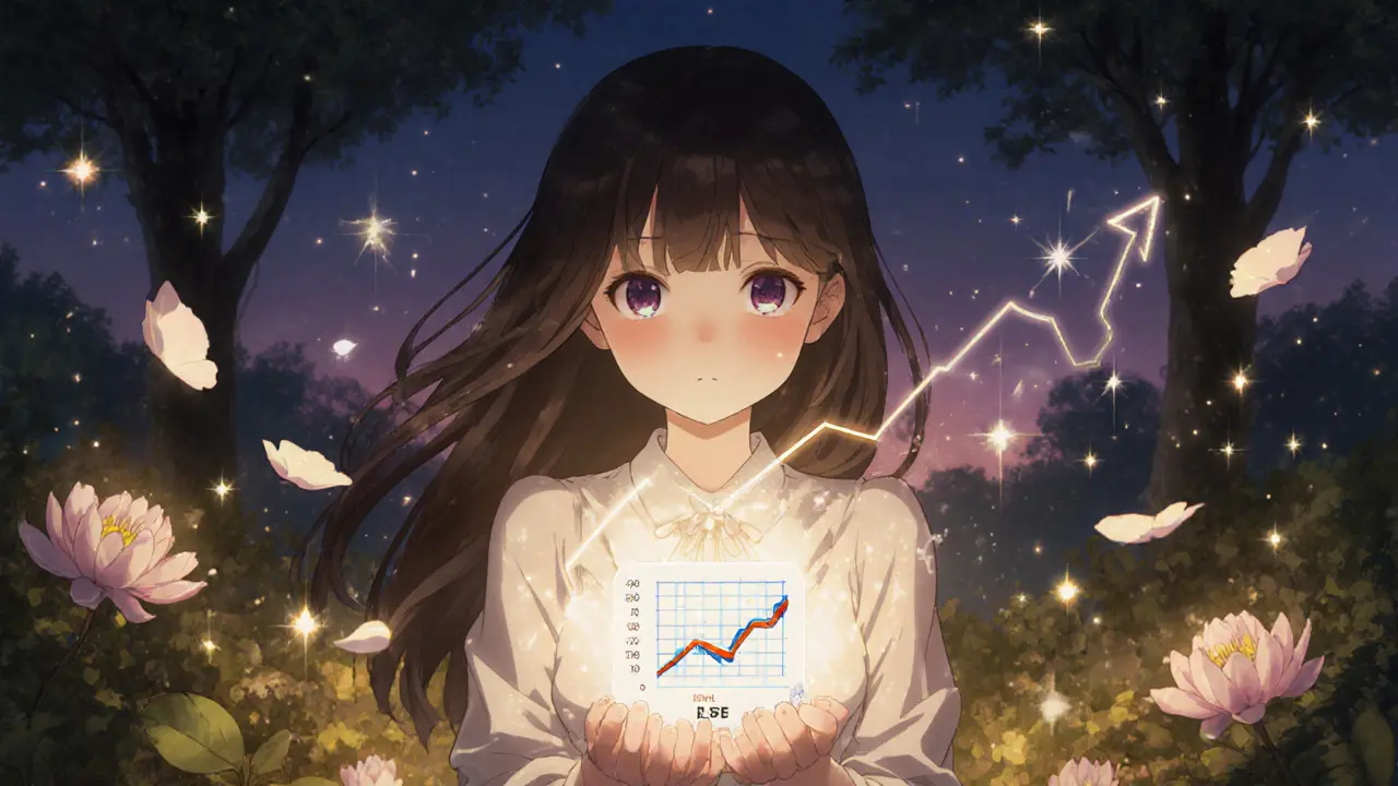 Girl holding a glowing blossom in a twilight garden, symbolizing hopeful liquidity growth.