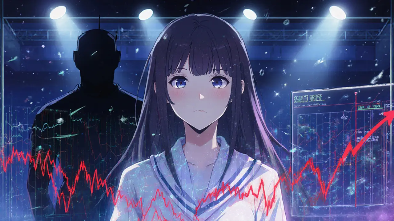 Girl looking anxious as red slippage arrows and a shadowy bot hover over a thin order book.