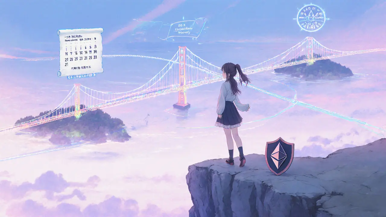 Hero looks toward pastel bridges linking Avalanche, Ethereum, BNB Chain, with calendar and shield in shoujo style.