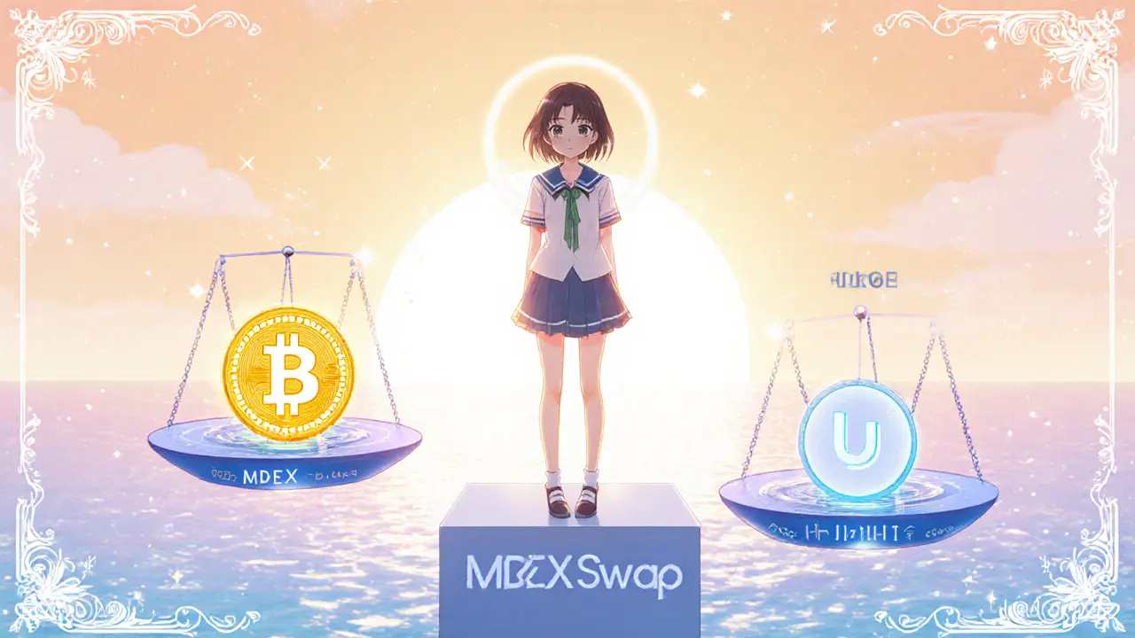 Heroine compares MDEX, PancakeSwap, and Uniswap platforms with token icons over liquidity lakes.