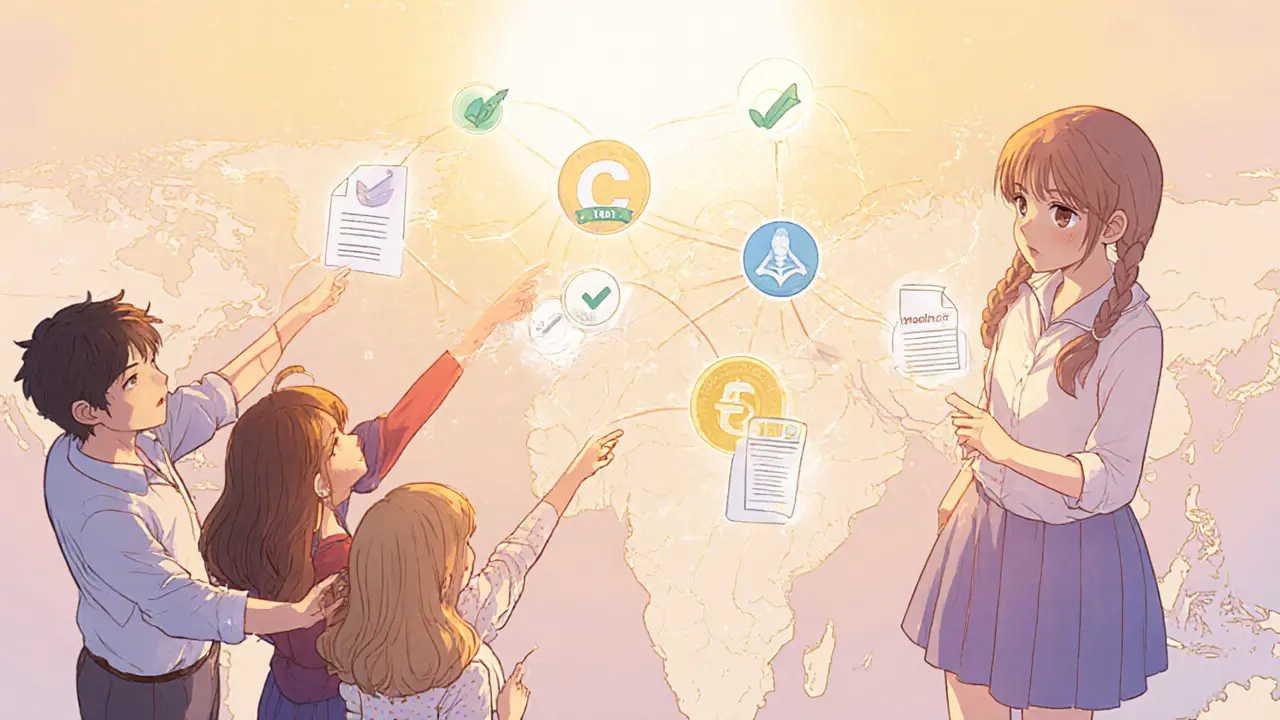 Shoujo heroine and friends reviewing safe crypto exchanges on a glowing map of India.