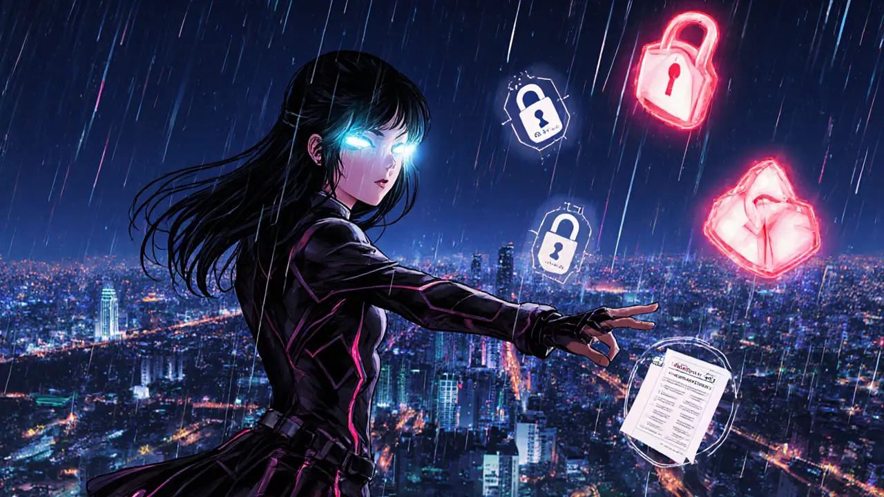 Shoujo heroine confronting digital hackers, with glowing security icons and crypto symbols.