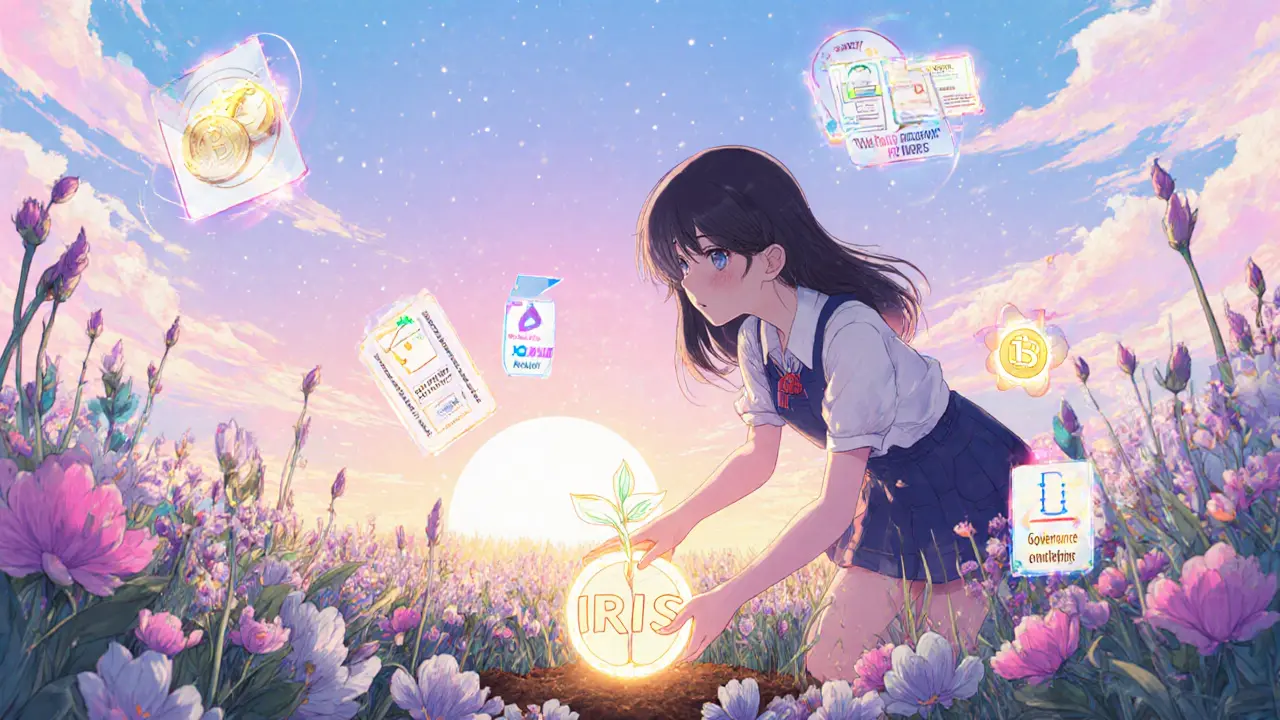 Shoujo‑style heroine planting a glowing IRIS seed in a digital garden, symbolizing future growth, staking and governance.