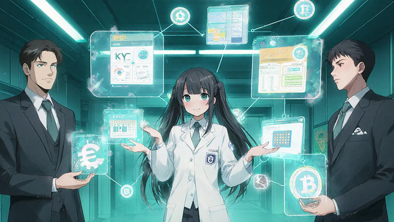 Shoujo‑style lab scene with heroine showing holographic KYC, supply‑chain, and finance services linked by IBC, surrounded by validators.