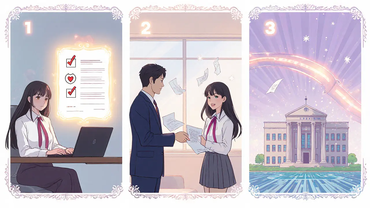 Three‑panel Shoujo manga sequence showing licensing steps: filling forms, meeting regulator, data pipeline to the bank.