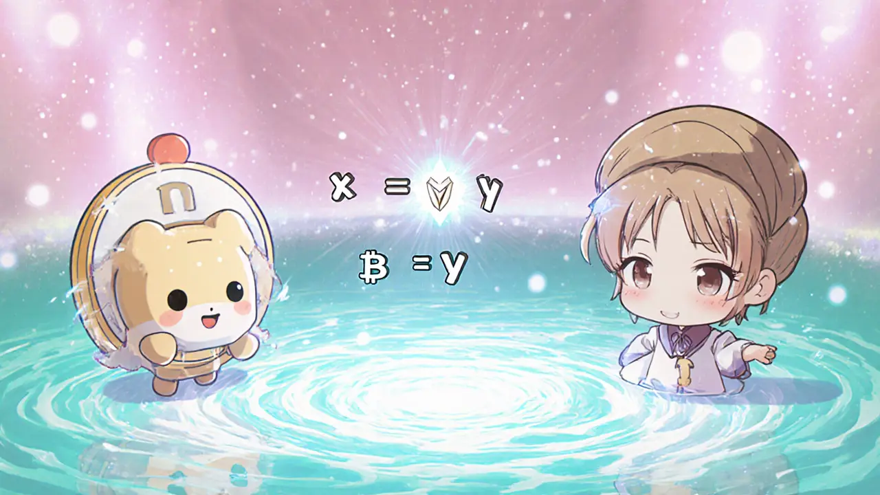 Cute token mascots swirl around a glowing constant-product diagram, illustrating a 0.30% swap fee.
