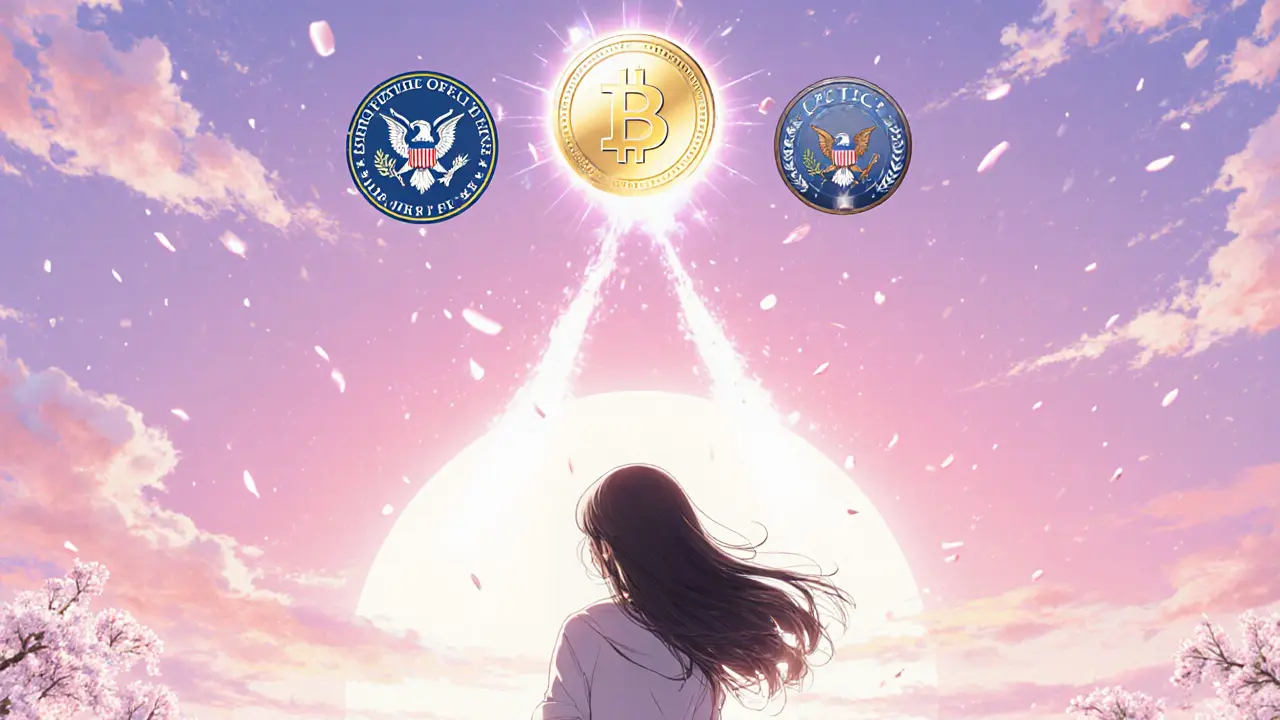 Entrepreneur releases token that splits toward SEC and CFTC symbols under a sunrise in manga style.