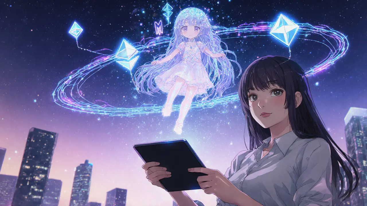 Ethereal AI spirit AURA scanning floating Ethereum, BNB, and Mantle chain symbols on a tablet.