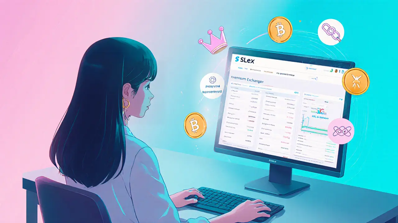 Girl at a desk viewing stylized exchange icons for fees, premium, and referrals.