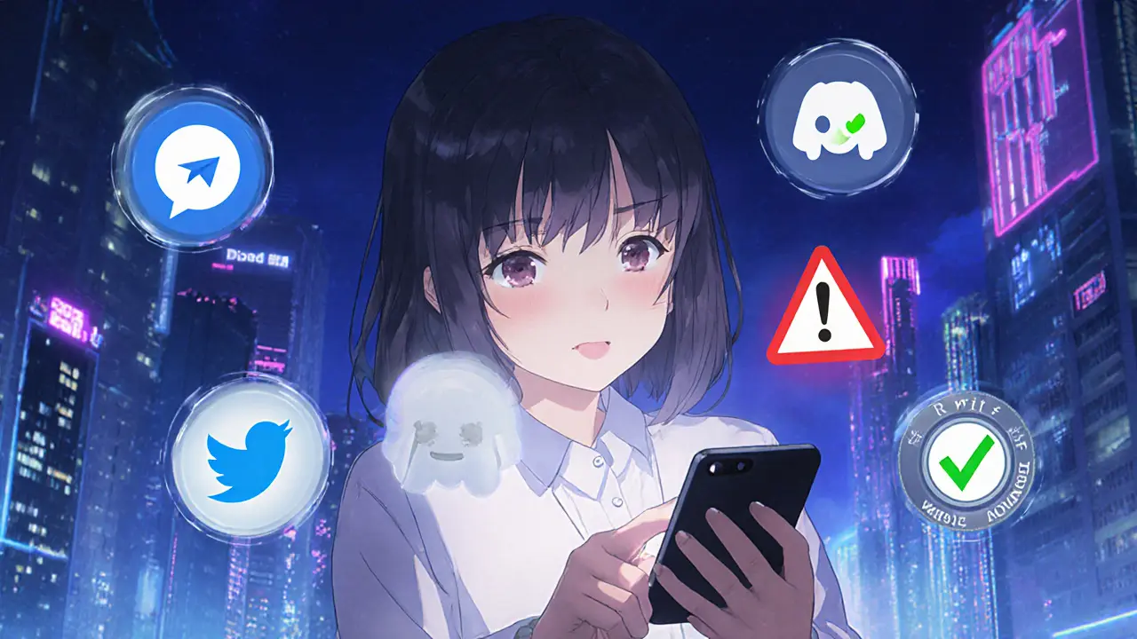 Girl checking official Revv channels on phone, surrounded by safety icons in shoujo manga art.