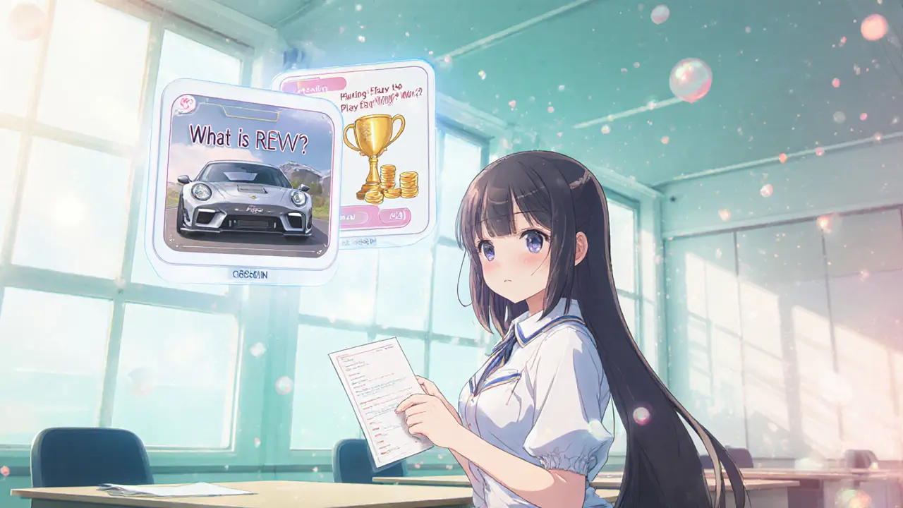 Girl completing a Learn &amp; Earn quiz with lesson screens in manga illustration.