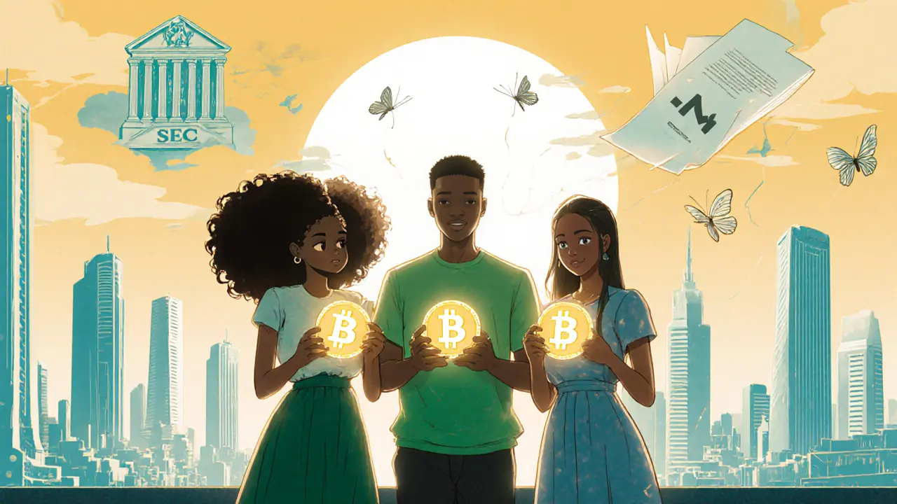 Group of Nigerians holding crypto symbols under sunrise, symbolizing compliant future.