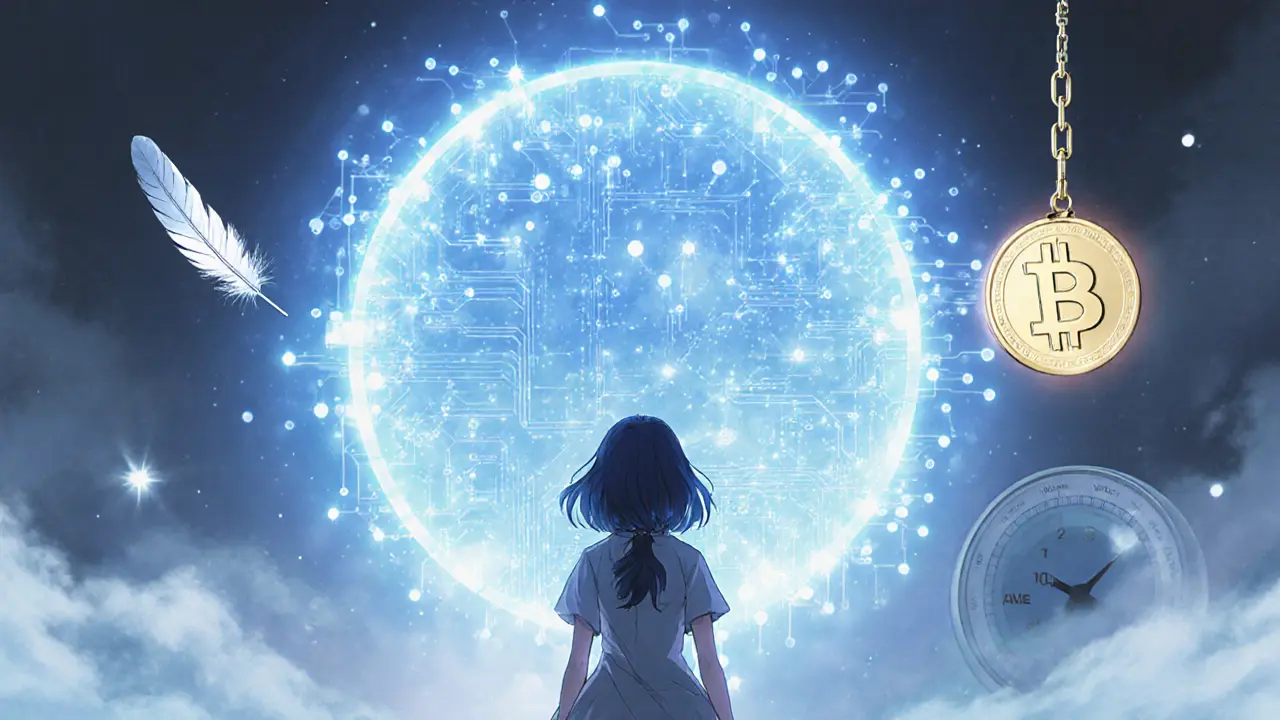 Heroine facing a glowing smart‑contract circuit with a feather and heavy Bitcoin coin symbolizing fees.