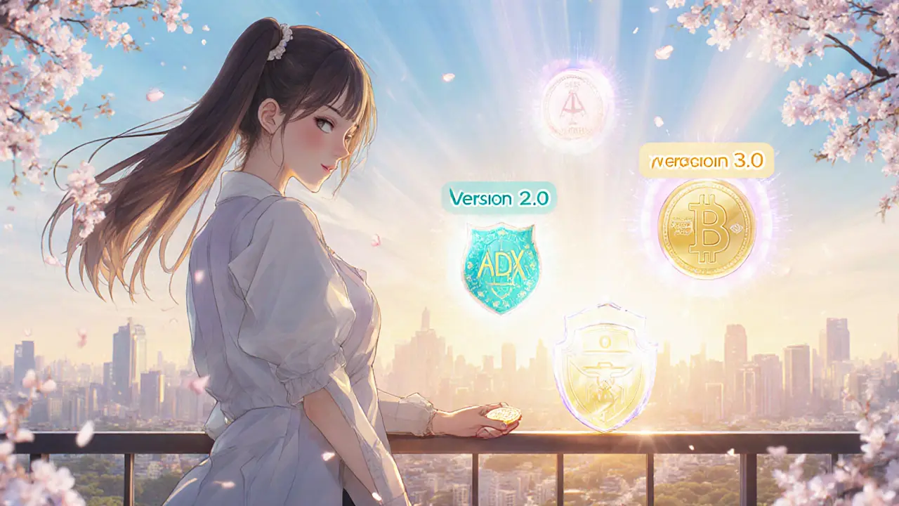 Heroine on a futuristic balcony with holographic milestones and a shield, holding an ADX coin.