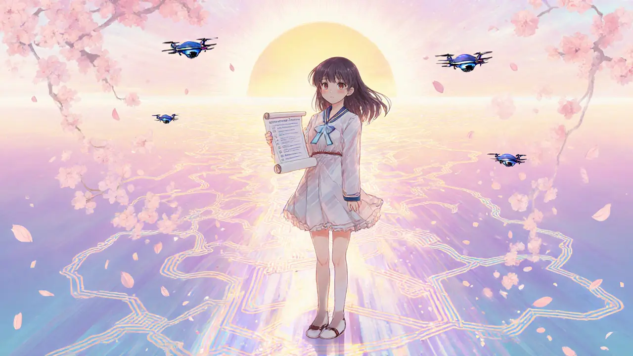 Heroine on a glowing multi‑chain path holding a checklist as sunrise looms.