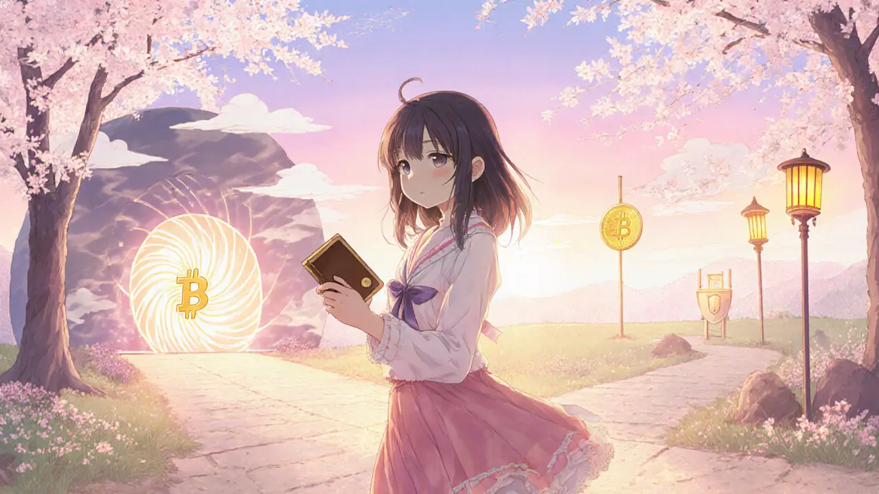 Protagonist at a cherry‑blossom crossroads, choosing between two glowing exchange portals.