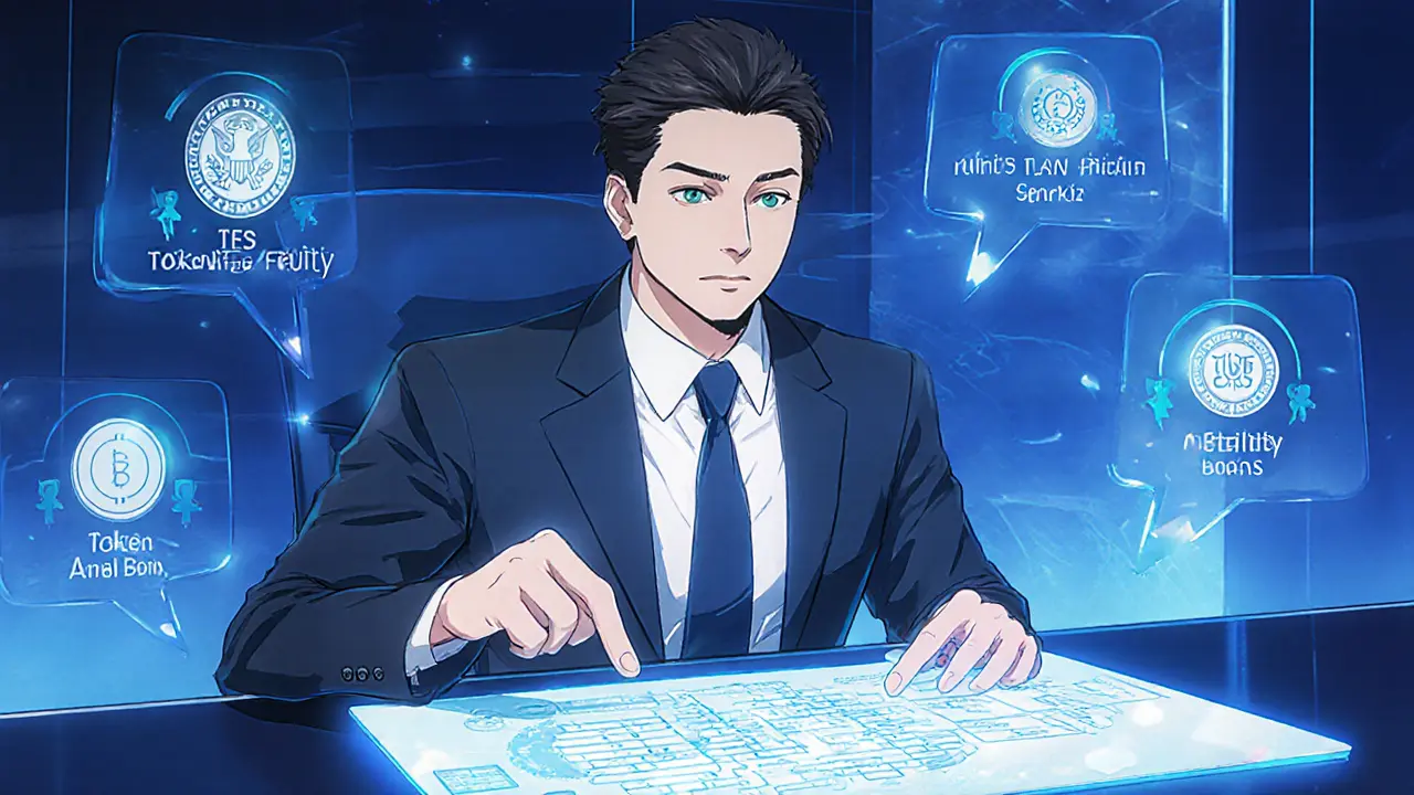 SEC chairman Mark Uyeda points to holographic crypto registration chart in a blue‑lit manga panel.