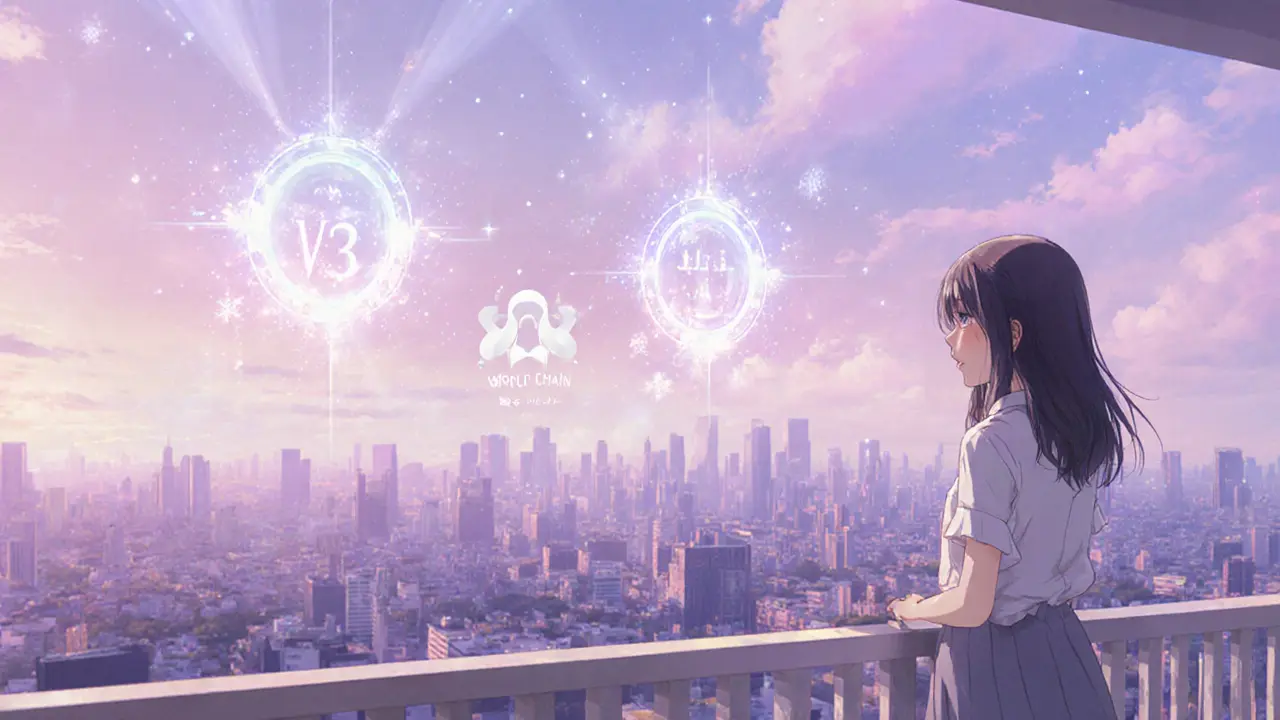 The girl gazes at a distant horizon where V3 symbols hover, symbolizing future upgrades for Uniswap.
