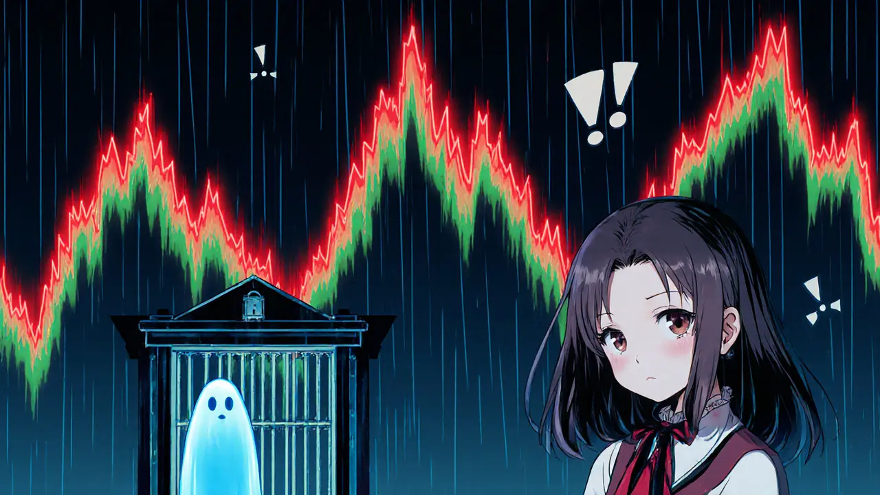 Worried girl beside a jagged chart showing volatile price swings.