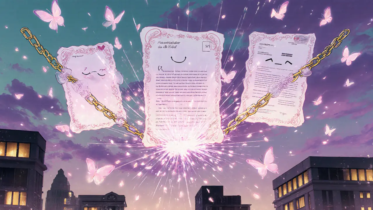 Animated regulatory letters break golden chains, releasing pink petals and butterflies over a city skyline.