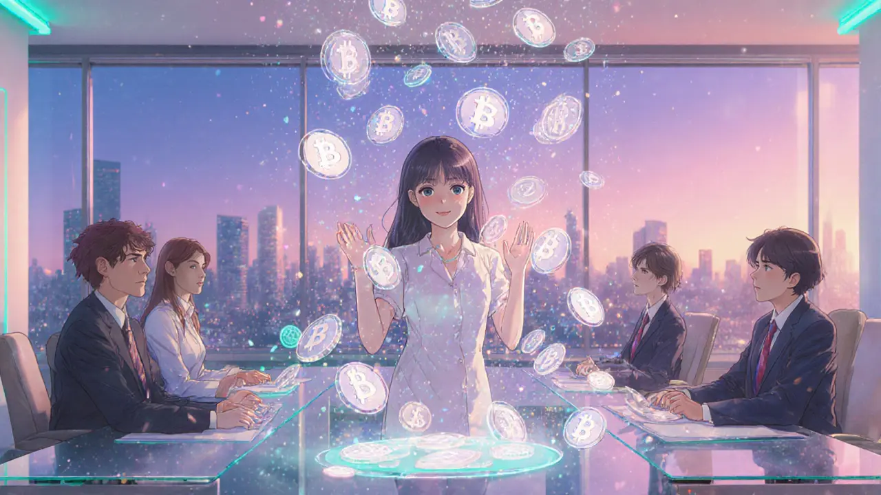 Bank team launches crypto custody service, with holographic tokens and glowing coins swirling in a pastel office.