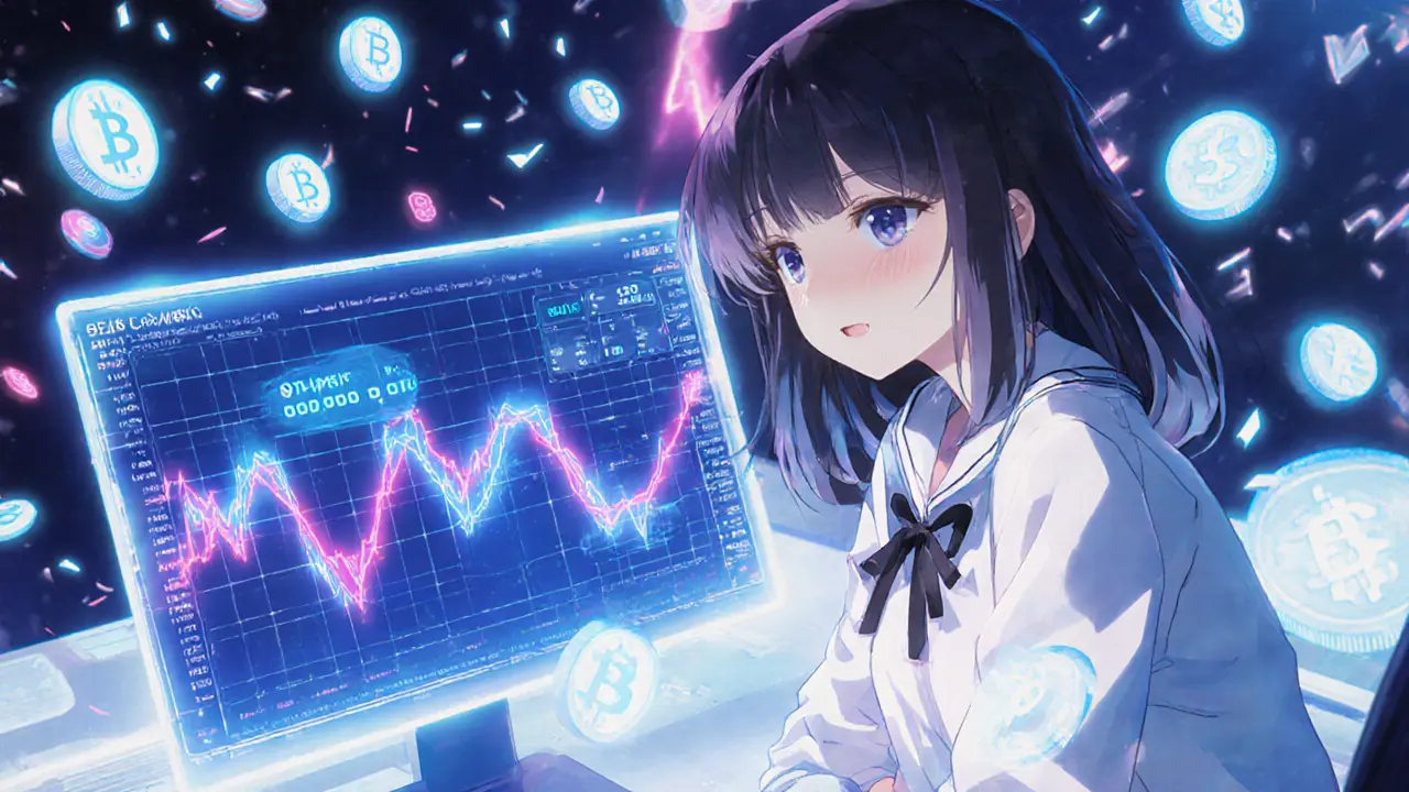 Girl at holographic trading desk watching fluctuating Gremly price charts.