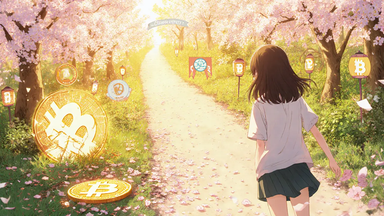 Girl walking away from teleBTC toward bright DeFi garden with trusted wrapped tokens.