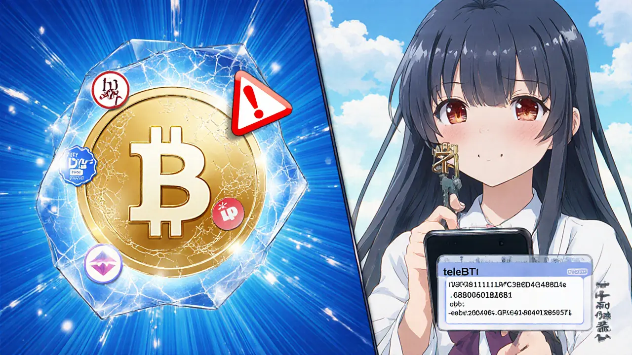 Split scene comparing safe WBTC with risky teleBTC, girl holding magnifying glass over contract address.