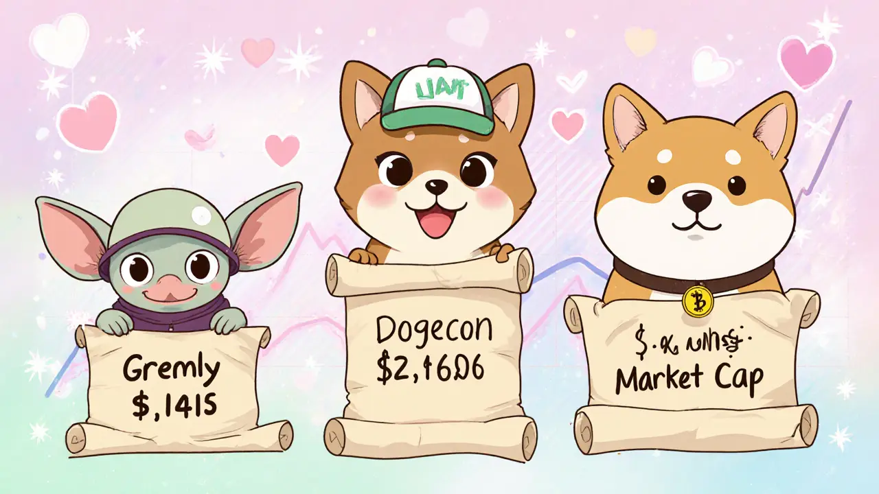 Three cute characters representing Gremly, Dogecoin, and Shiba Inu comparing token stats.
