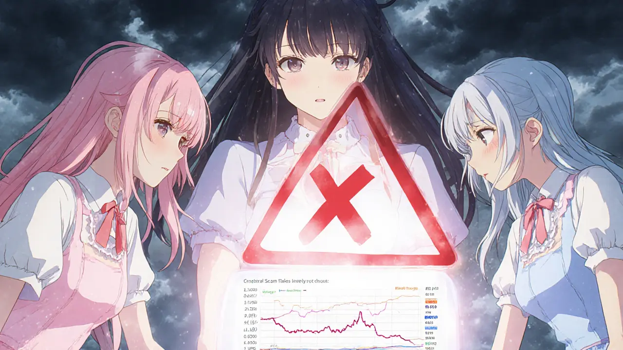 Three friends gather around a red warning sign over a volatile price chart, under stormy clouds.
