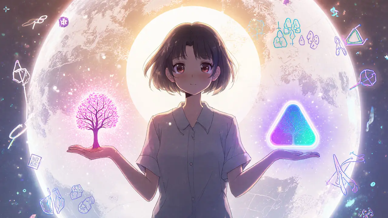Developer balances a glowing binary Merkle Tree and a hexagonal Merkle‑Patricia Trie before a holographic blockchain globe.