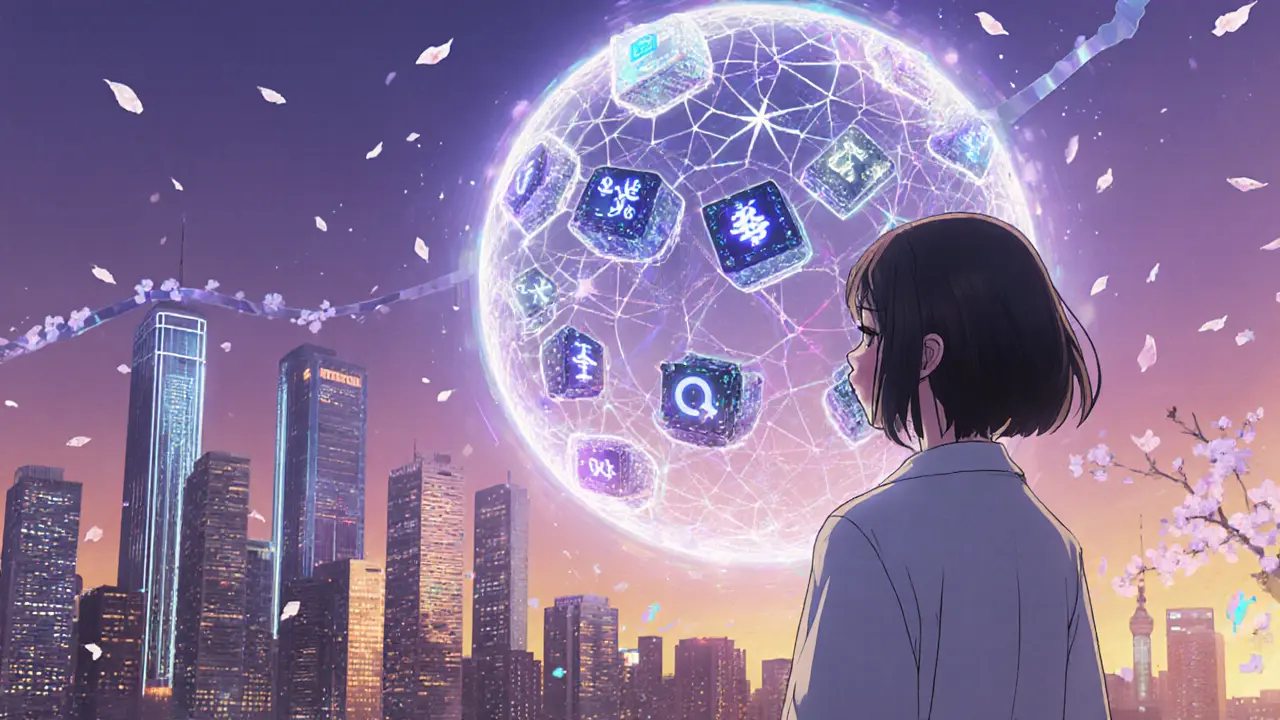 Engineer looks at a holographic ledger globe merging with AI streams over a twilight skyline.