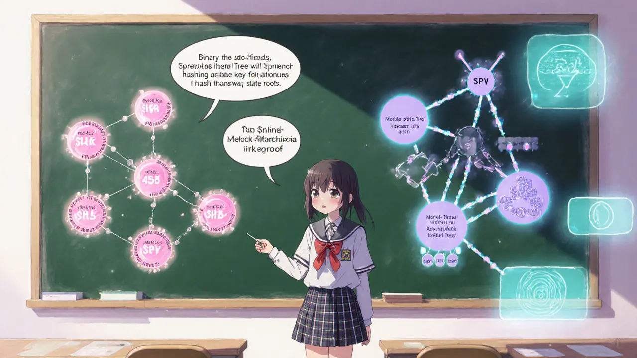 Shoujo‑style classroom; developer explains binary Merkle Tree and Merkle‑Patricia Tree with glowing hash diagrams on a chalkboard.