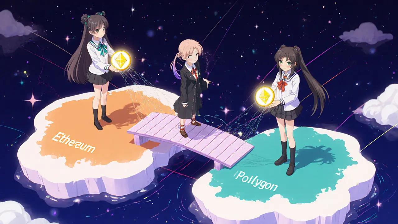 Three characters transfer glowing CPR tokens from an Ethereum island to a Polygon island.