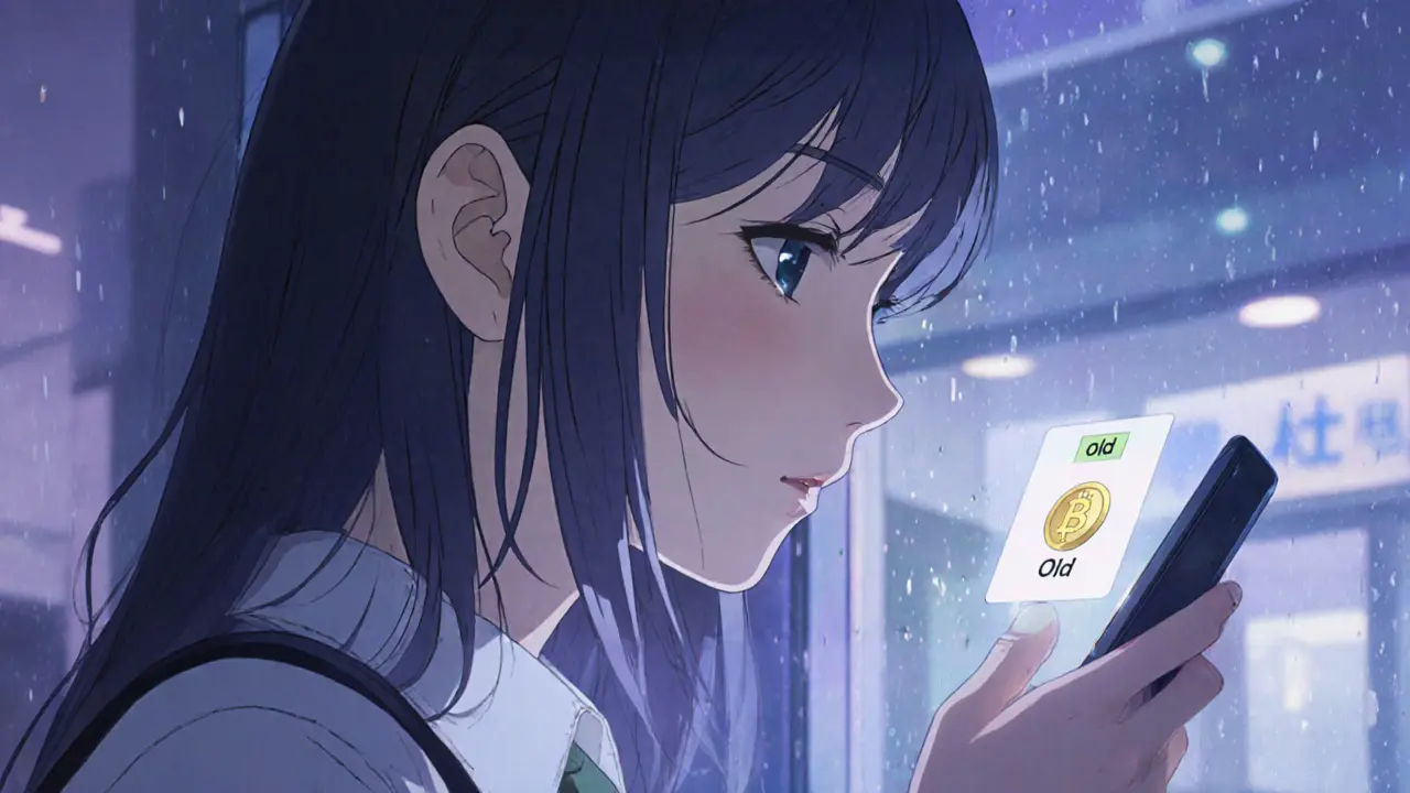 Woman gazes at a dwindling token balance on her phone, reflecting on the old Cipher token.