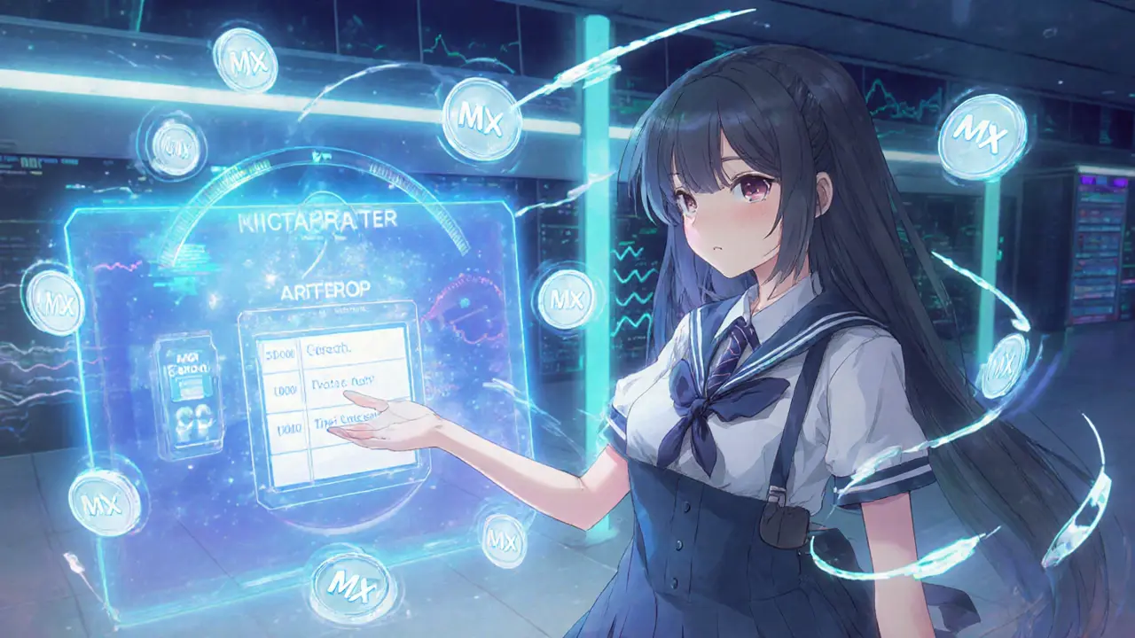 Character voting with MX tokens on MEXC, surrounded by sparkling token icons.