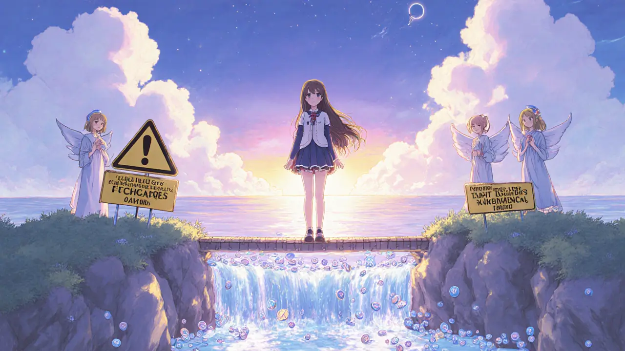 Girl on a light bridge over a stream of BAI coins, with sunrise and guardian figures.