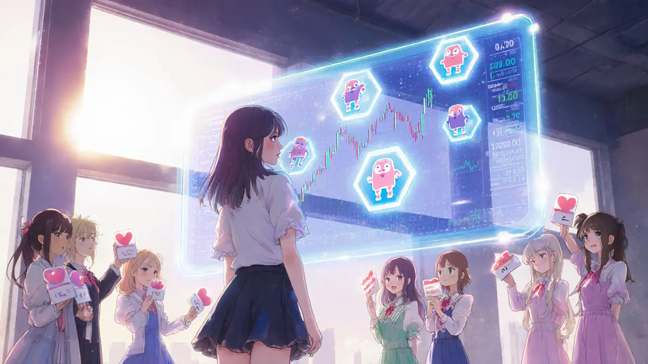 Girl watching AI robot agents trade inside a TEE, surrounded by voting token holders.