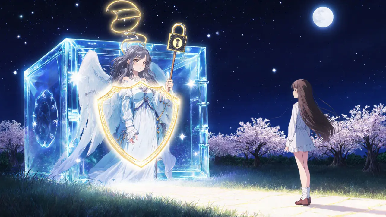 Guardian angel with lock staff protects a crystal vault; trader looks toward a blooming cherry blossom horizon.