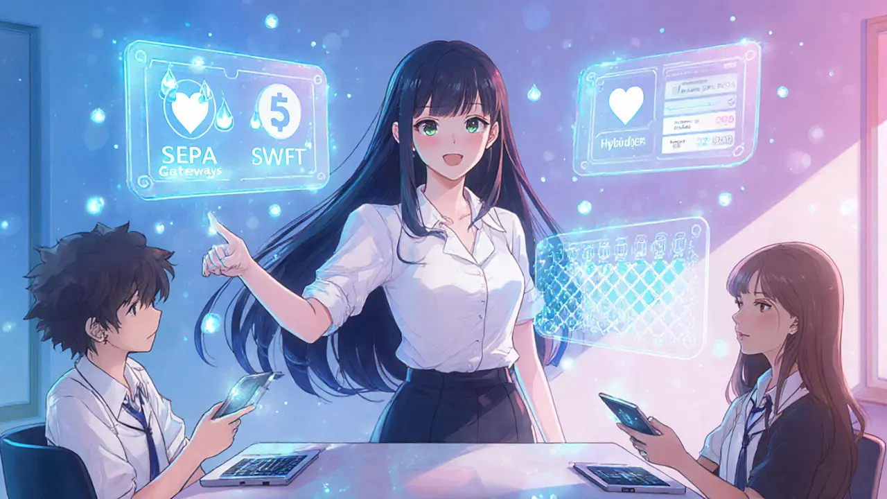 Tech classroom with floating holographic screens showing fiat gateways, credit card, margin trading, and HybridDEX.